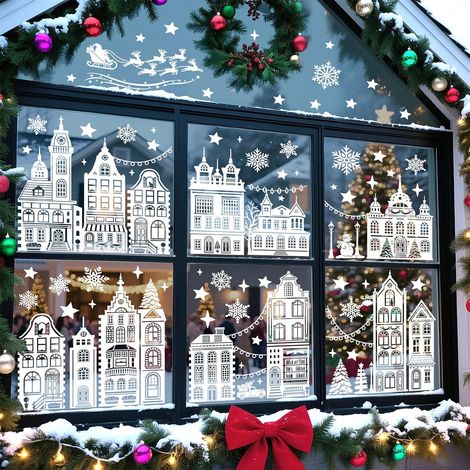 Autocollants Fenêtre Noël Maisons Blanc Sticker Père Noël Rennes (1/5)