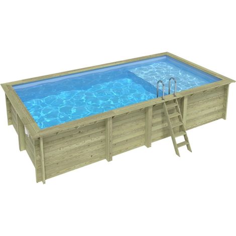 Piscine en bois AQUA 7 x 3.75 - H.1.45 m avec plage, bleu pâle, fixations à sceller