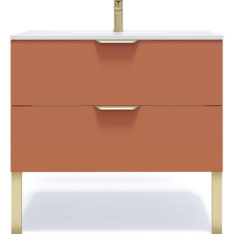 Homifab – Meuble de salle de bain suspendu 90cm – Vasque intégrée en céramique blanc brillant – 2 tiroirs – Couleur terracotta – Finition mate (1/5)