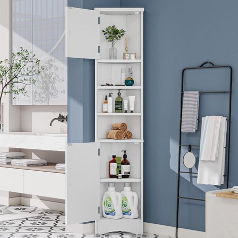 Meuble de salle de bain triangulaire 36,5 x 24,5 x 170 cm, entièrement laqué, laque résistante à l'humidité, trois étagères ouvertes, double porte, étagères réglables, gain de place, blanc