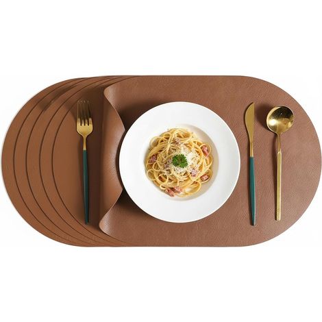 6 Sets de Table Lavable, Dessous de Table Double Face, Assiette Résistant à la Chaleur et Antidérapant, Set de Table Faciles à Nettoyer - Marron Noyer