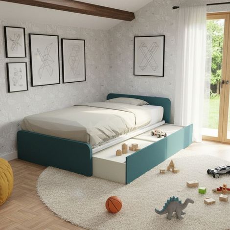 Letto 1 piazza e mezza con cassettoni, personalizzabile e facile montaggio - Verde Petrolio