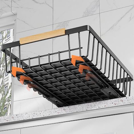 Tiroir coulissant adhésif sans perçage pour placard – Panier de rangement en maille extensible, glissière fluide, cuisine/garde-manger/salle de bain – Couleur : Noir [Standard]
