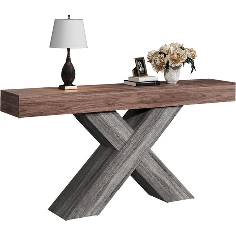 Table console étroite en bois foncé avec piètement croisé en X, plateau épais et structure en panneau de particules, pour entrée, couloir ou salon  CHICFURN (1/5)