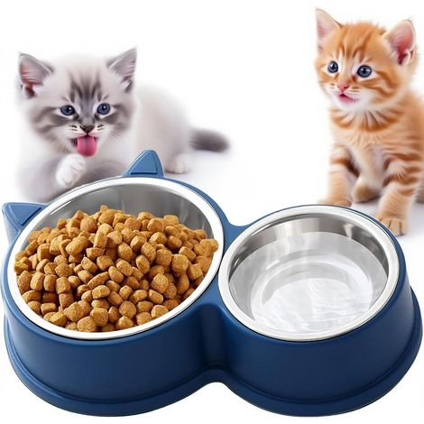 Doppel-Katzennäpfe aus Edelstahl, rutschfester Boden, spülmaschinenfest – für Trocken- und Nassfutter, niedliches Katzenmotiv (Blau) (1/5)