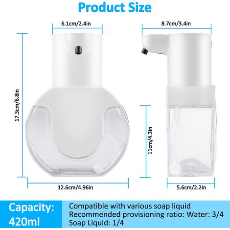 Dispenser automatico di sapone, dispenser di sapone in schiuma da 420 ml, ricaricabile tramite USB, montaggio a parete, impermeabile IPX5, per cucina, bagno - Bianco (schiuma automatica) (1/4)