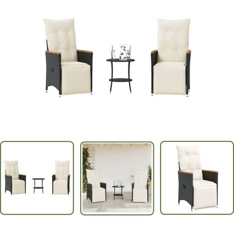 The Living Store 3-tlg. Bistro-Set mit Kissen Schwarz Poly Rattan - Gartenmöbel - Bistroset - Esstisch - Lounge Sessel - Outdoor Furniture (1/5)