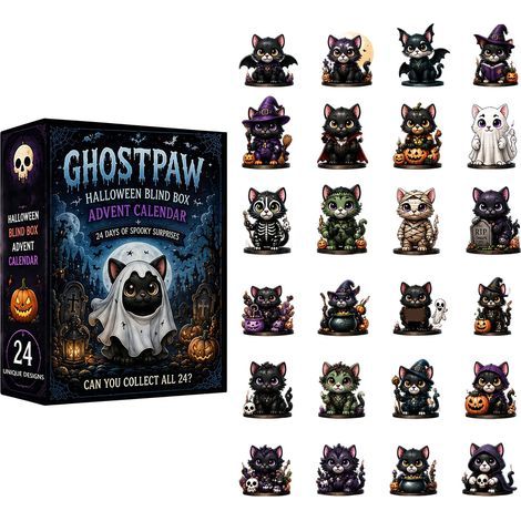 24-Tage-Kalender mit Acryl-Anhänger in Form einer schwarzen Katze, Überraschungsbox-Format, Typ D, für Halloween. (1/2)
