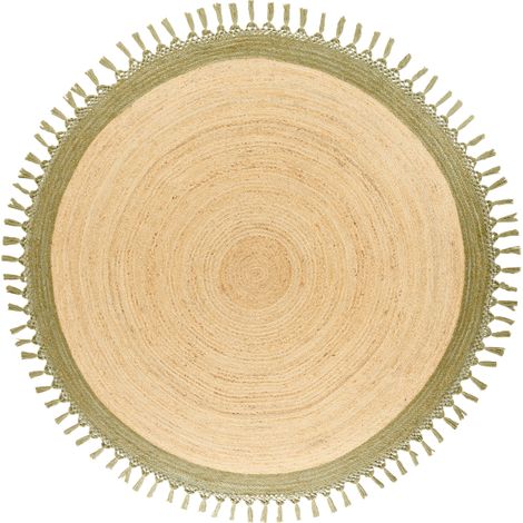 Alfombra boho rústica redonda 200 cm de yute natural trenzado a mano beige y verde Marts