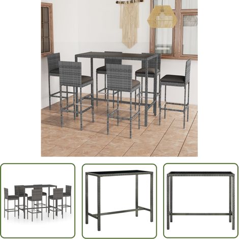 The Living Store Ensemble de bar de jardin 7 pcs et coussins Résine tressée Gris - Ensemble Salon De Jardin - Mobilier De Jardin - Set De Bar Extérieur - Table Basse Extérieure - Chaises Pliantes (1/5)