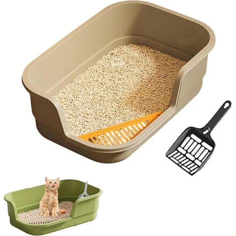 Cat litter box with non-stick coating, large litter tray with sifting system, portable, with splash guards on the sides, cat sand tray (grey)