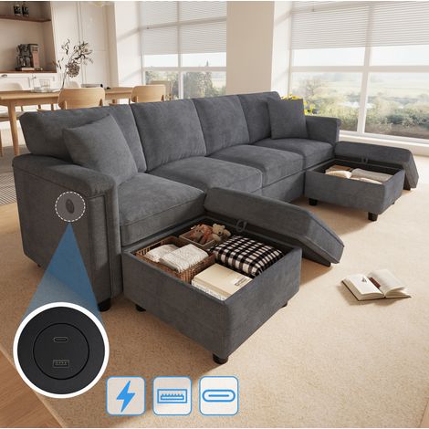 MODFU – Sofá modular 261x134 cm de chenilla con 2 puff de almacenamiento, puertos USB-C, espuma de alta resiliencia y muelles ensacados, 6 plazas – Gris (1/5)