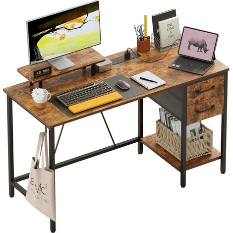 Desk with Drawers and Power Outlets, Reversible Office Desk with Storage Monitor Stand, Small Computer Desk for Home Office & Bedroom (1/5)