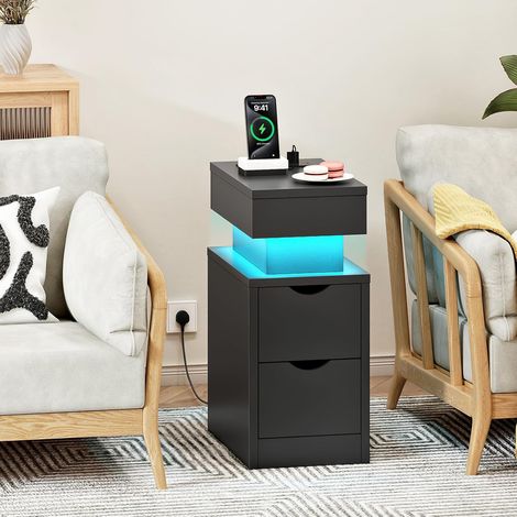 Bedside Table with Charging Station, Slim LED Nightstand with 2 Drawers, Narrow Side Table with Power, for Small Spaces, Bedroom, Living Room, Black EBK201KDBZ01,HOOBRO (1/5)