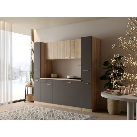 Küche Küchenzeile Singleküche Eiche Grau Ingrid 210 cm ohne Kühlschrank Respekta