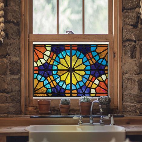 Sticker électrostatique motif Moucharabieh 67 cm x 47 cm – Décor adhésif multicouleur pour vitres – Pose facile et rapide – Sublimez votre intérieur – Plage (1/2)
