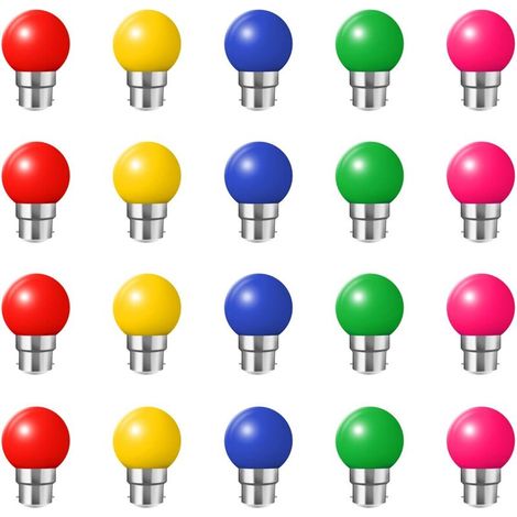 B22 Bayonet Cap Light Bulbs - 20 Pack 1W Festoon LED Bulb, 10W Equivalent, Golfball Blue Energy Saving Bulb, Small Christmas BC Cap Light Bulbs, Red, Yellow, Pink, Green, Blue, Shatterproof