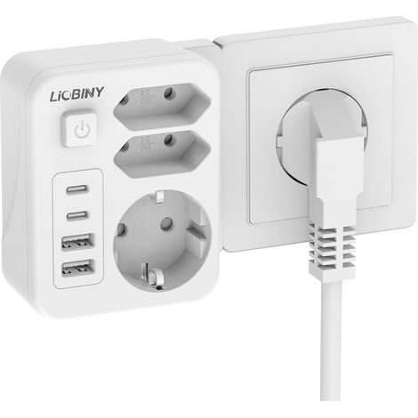 7 en 1 Prise Multiple avec 4 Ports USB, Multiprise Murale 3680W 16A, Blanc Prise Murale à 3 Emplacements avec Interrupteur , Multiprise USB C pour Bureau ou Domicile (1/5)