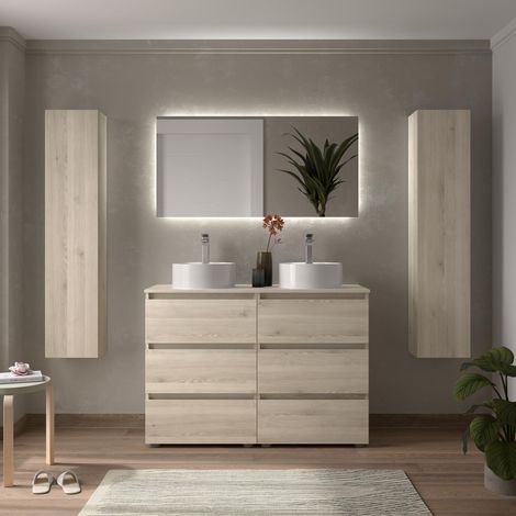 Meuble de salle de bain BEQUIA 3C 120cm Naturel Vasque à poser Porcelaine Centrale (1/5)