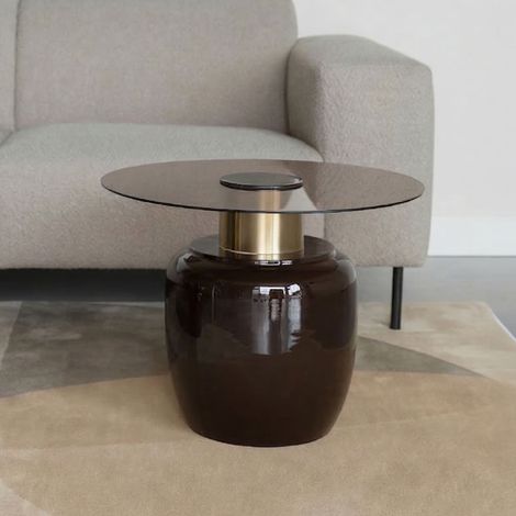 Table d'appoint ronde 59x59x46 cm en verre trempé fumé et métal (1/5)