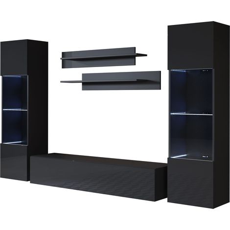 Ensemble de Meubles TV Mur de Rangement Meuble salon Suspendu avec LED Modèle Luke 9B Noir Finition brillante