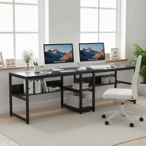 200 cm Doppelschreibtisch für zwei Personen mit Stauraum, Computertisch für Homeoffice und Arbeitsplatz, Schwarz