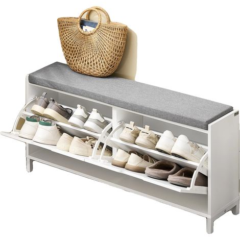 Zapatero, fabricado en MDF y hierro duradero, diseño que ahorra espacio, color blanco. (1/2)