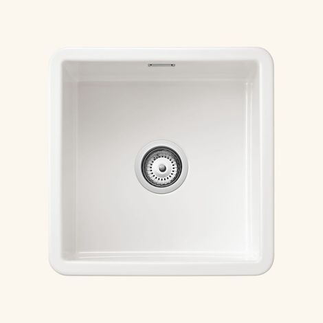 Évier céramique blanc 1 bac 46x46 cm – À encastrer – Bonde incluse – Trop plein – Non percé pour robinetterie – Sanindusa (1/5)