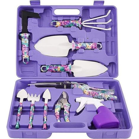 Kit di attrezzi da giardinaggio da 10 pezzi, set regalo, manico ergonomico con custodia antiruggine, cazzuola, rastrello, diserbante, cesoie, spruzzatore, pala (1/4)
