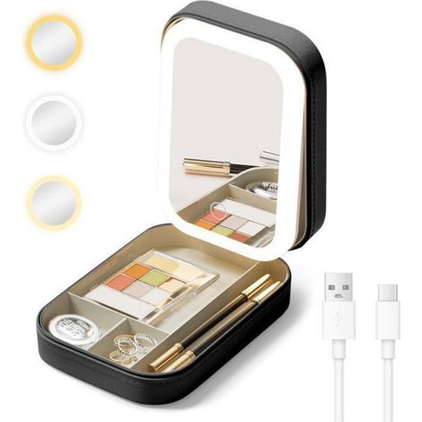 Miroir De Maquillage - LED 3 Couleurs 3500K/4700K/6000K - Portable Avec Étui En Cuir - Rechargeable USB-C - 1 Pièce (1/4)