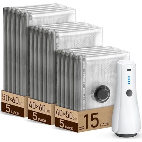 Sacs de rangement sous vide avec pompe électrique sans fil [-5000PA d'aspiration], sacs sous vide réutilisables et hermétiques pour voyage et rangement à la maison, lot de 15 sacs pour vêtements, couv