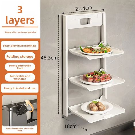 (Blanc, trois niveaux - 1 pièce) Égouttoir mural à ventouses multi-niveaux pour la préparation de la vaisselle en cuisine - Étagère de rangement pliable pour un rangement facile (1/5)