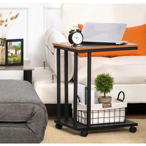 Beistelltisch 51x36x65 cm schwarz aus MDF mit Rollen in C-Form und Ablage (1/5)