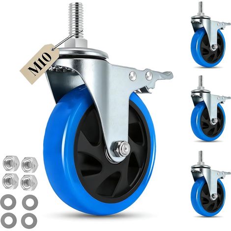 125MM Roulettes pour Meubles Tige Fileté M10 x 1,5 x 30 mm, Lot de 4 Roulettes Pivotantes avec Frein, Double Roulement à Bille Roulette Charge Lourde Rotation à 360°, Jusqu'à 700KG (1/5)
