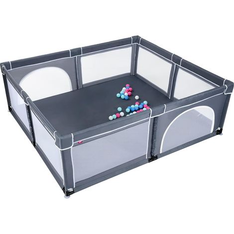 GOPLUS Parc Bébé 10 Mois à 6 Ans, Parc Bebe en maille avec Balles et 4 Anneaux, Centre D'activités de Parc Enfant, Idéal pour Intérieur et Extérieur (206x186x68CM, Gris Fonce)