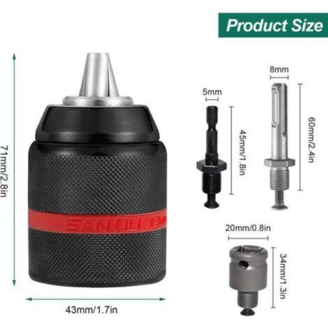 1.5 13mm Rapide Mandrin Perceuse, Filetage 1/2\" 20UNF, Adaptateur Mandrin Visseuse, avec SDS Plus, clé à Chocs et 1/4 HEX
