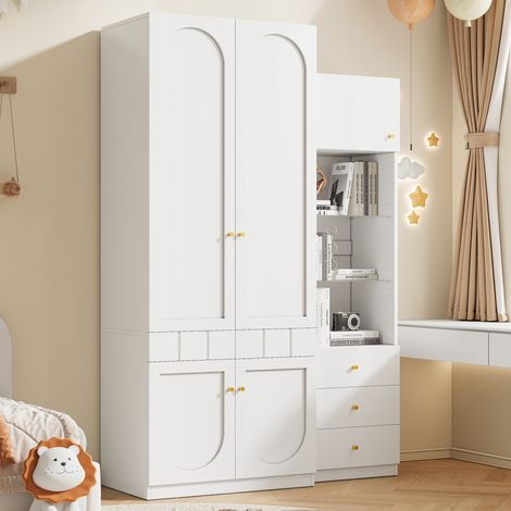Armadio e mobile contenitore in MDF bianco, set salvaspazio con appendiabiti, cassetti e ripiani, 80x50x200 cm + 50x40x180 cm (1/5)