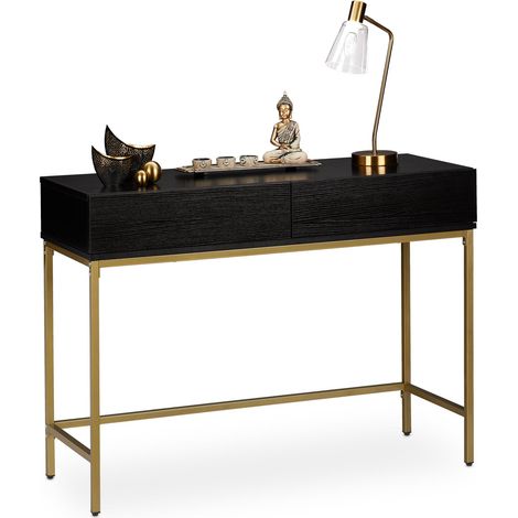 Relaxdays Console Table, 2 Drawers, Wood Optic, H x W x D: 80 x 110 x 40 cm, Black/Gold (1/5)