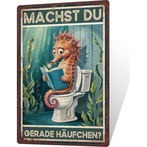 Plaque en métal pour WC - Hippocampe sur les toilettes - Décoration de bande dessinée avec inscription « Machst du gerade Häufchen » (1/5)