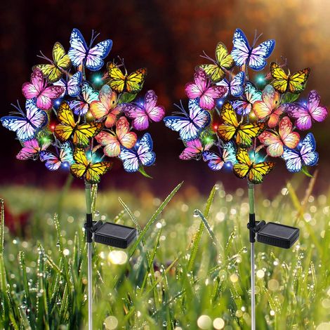 Lampes solaires d'extérieur pour jardin, étanches et décoratives, lot de 2 avec 44 LED, 34 papillons et fleurs, décoration pour jardin, terrasse, pelouse, cadeau idéal. (1/5)