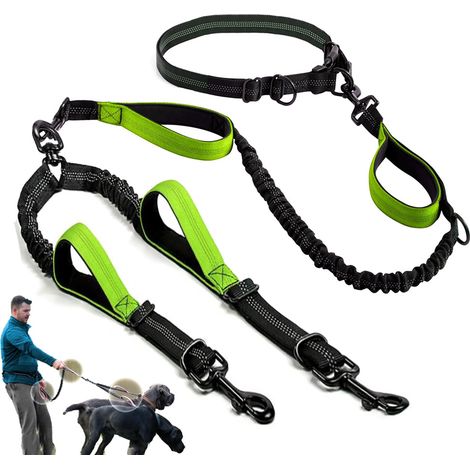 Laisse brillante, mains libres, à double attache pour chiens de taille moyenne à grande, détachable, vert fluorescent, réglable. (1/5)