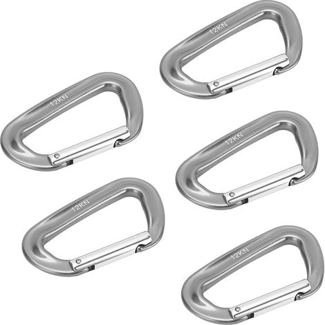 Lot de 5 mousquetons d'escalade en alliage d'aluminium 12 kN (1225 kg) robustes, avec anneau en D, pour le camping, la randonnée et les activités de plein air (gris). (1/5)