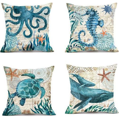 Housse de coussin extérieur étanche lot de 4 avec motif marin bleu pour terrasse et salon 45x45cm (1/2)