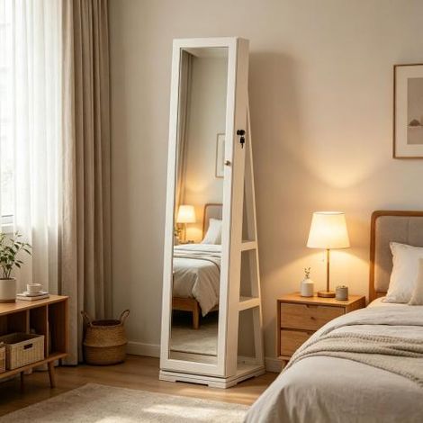 Specchio da camera da letto, specchio girevole, specchio a figura intera, specchio da toeletta con contenitore integrato (1/5)