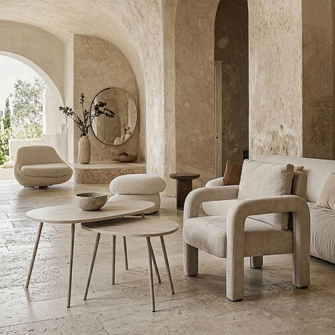 Lot de 2 Tables Gigognes - HOME DECO FACTORY - Galet Terra Nova - Élégantes - Modulables - Blanc et Beige (1/4)