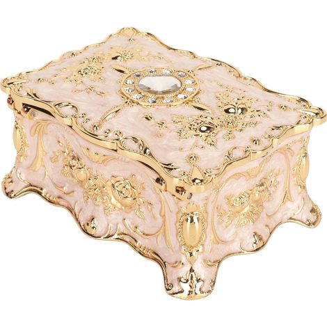 Boîte à bijoux rectangulaire vintage, style rétro, en métal émaillé antique, bordure dorée et strass, blanche. (1/5)