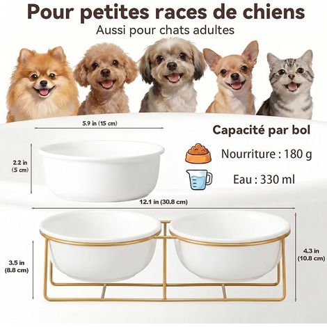 Gamelles Céramique Chat - Gamelle Chiot avec Support Métal - 2 x 200 ML - Blanc (1/4)