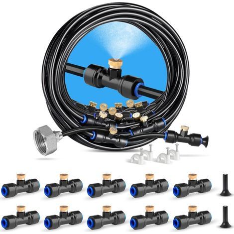 YMYNY Nebelkühlungssystem, 20 m Nebelschlauch + 20 Messing-Nebeldüsen + Messingadapter (3/4") + Nebelsystem für den Außenbereich, geeignet für Terrasse, Garten und Gewächshaus (1/5)