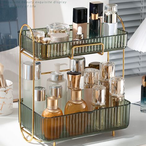 Organisateur de maquillage à 2 niveaux pour salle de bain, étagère de rangement pour cosmétiques, grande capacité, pour commode de chambre, vert (1/5)