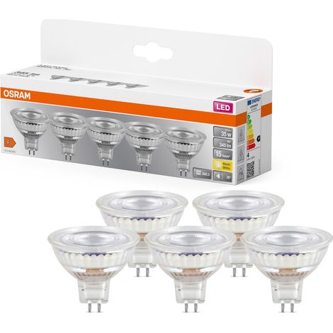 LED BASE MR16, pack avantage de 5 lampes basse tension, remplace les ampoules réflecteurs 35W classiques, blanc chaud (2700K), 3.8W, GU5.3, verre mat, non dimmable